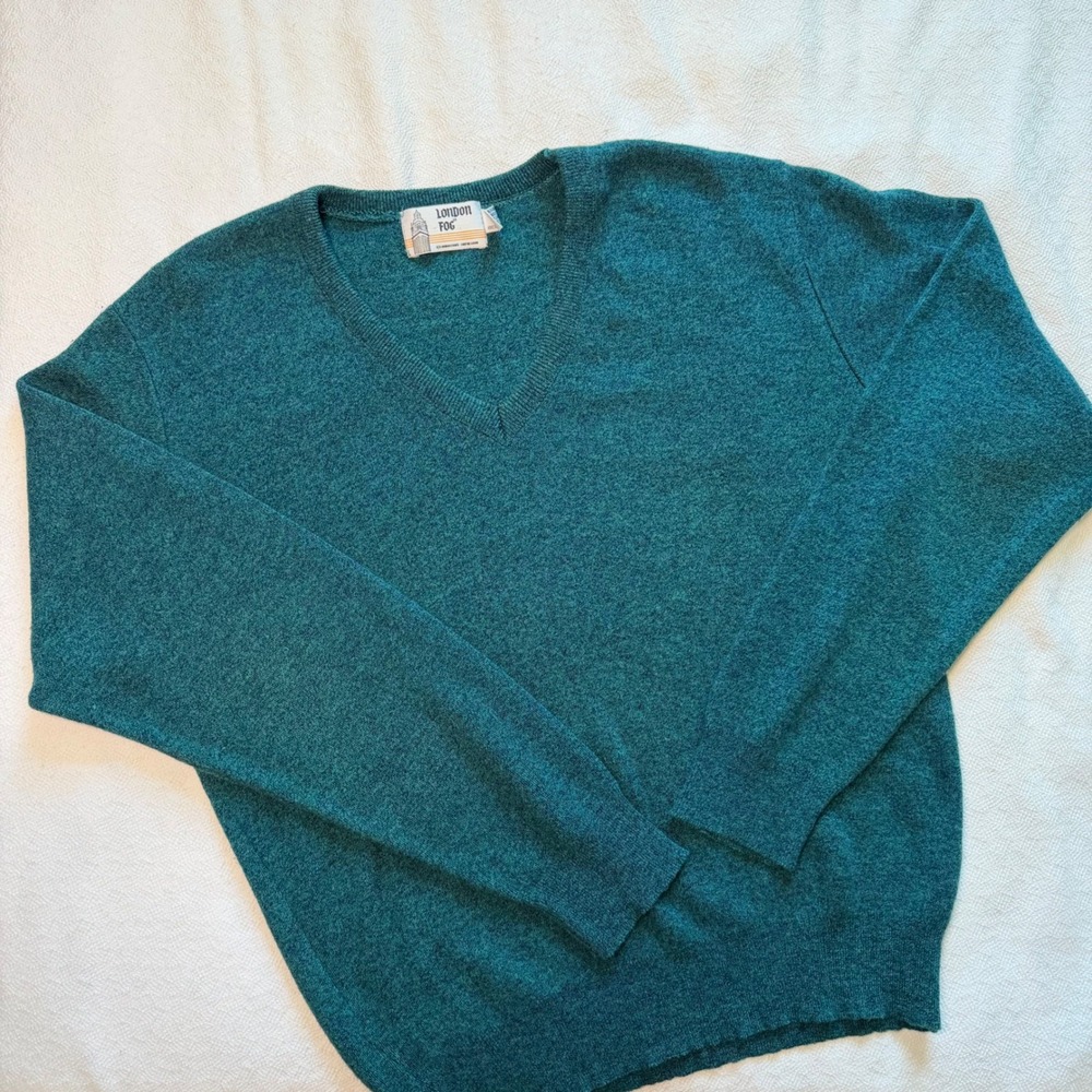 Vintage London Fog Teal Marl V-Neck Sweater Made in USA Acrylic Pullover Medium